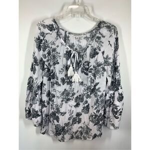 Counterparts Women's Floral Print Tie Front Peasant Blouse White Black Medium